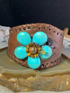 Mixed Gemstone Flower Leather Cuff Bracelet - Brown Leather New